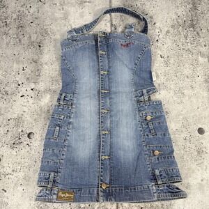 Pepe Jeans Denim Overall Dress Womens Medium Blue Halter Mini Zip Y2K Festival